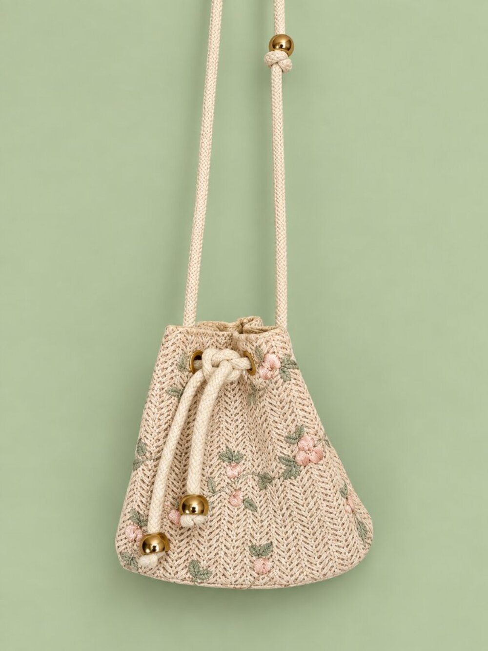 Floral Embroidered Woven Straw Bucket Bag